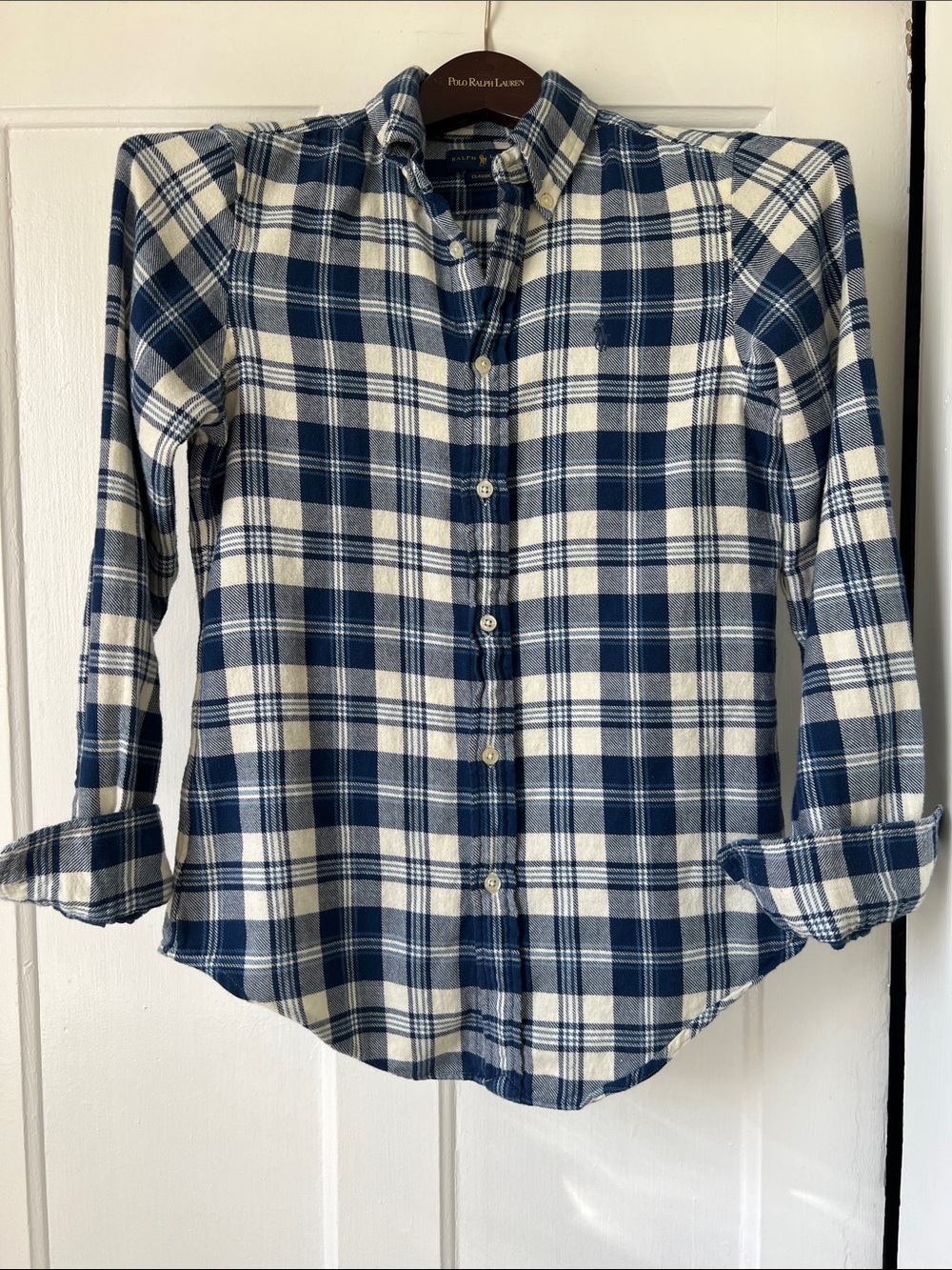 Ralph Lauren Navy and White Plaid Button-Down Flannel Shirt